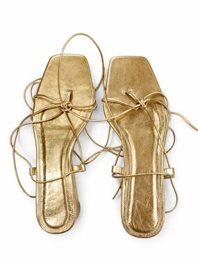 Zara Metallic Gold Lace-Up Square-Toe Sandals